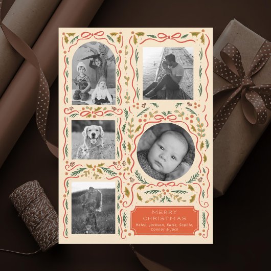 Holly Red Ribbon Kerstfoto Collage Feestdagenkaart