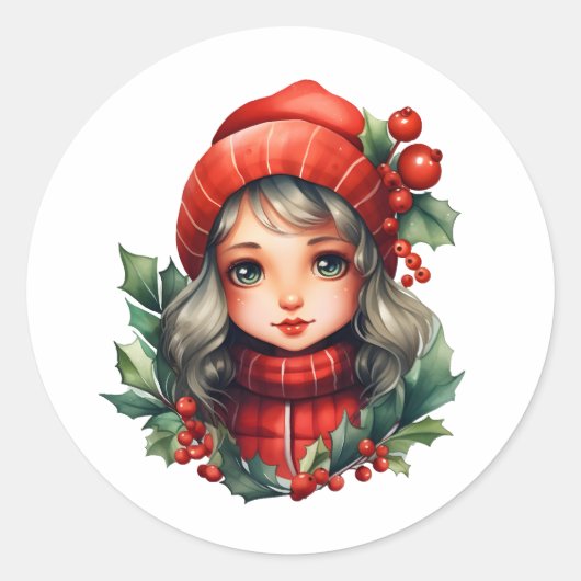 Holly schattig meisje kerst ronde sticker (Voorkant)