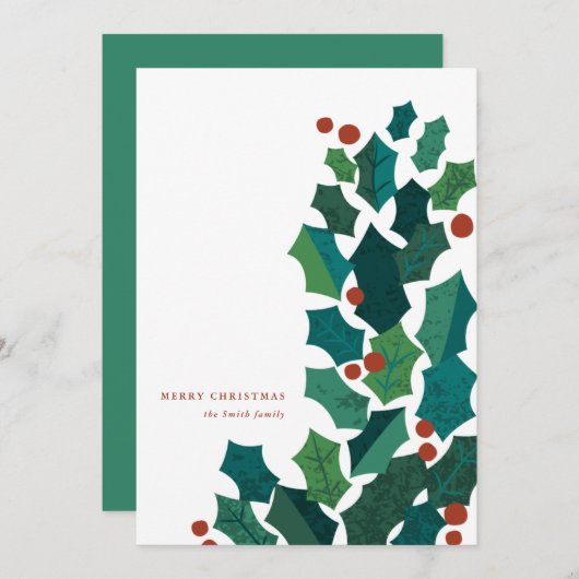 Holly Spray Platte Kerst Kaart (Voorkant / Achterkant)