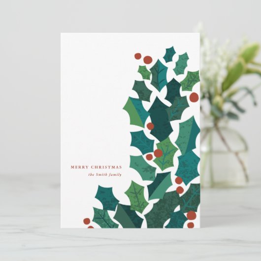 Holly Spray Platte Kerst Kaart (Staand voorkant)