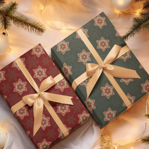 Holly Star Wrapping Papier 2 Groene en 1 Rode Stuk Inpakpapier Vel