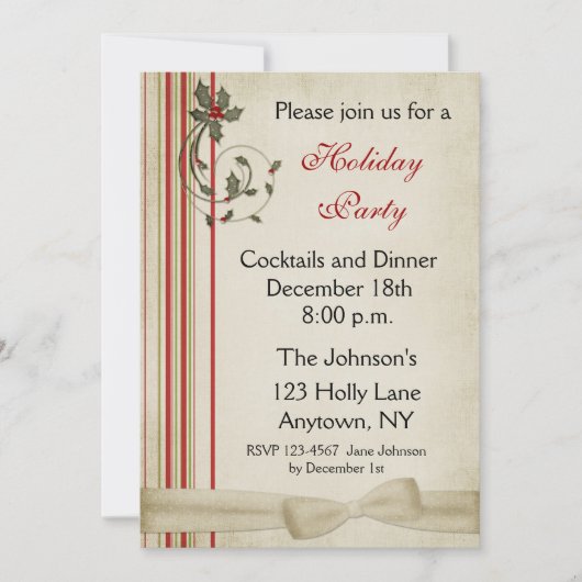 Holly Stripes Holiday Party Invitation Kaart (Voorkant)