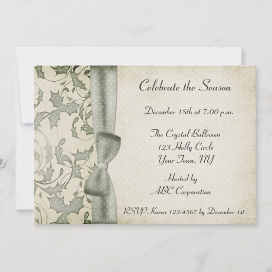 Holly Swirls Bow Sage Green Invitation Kaart (Voorkant)