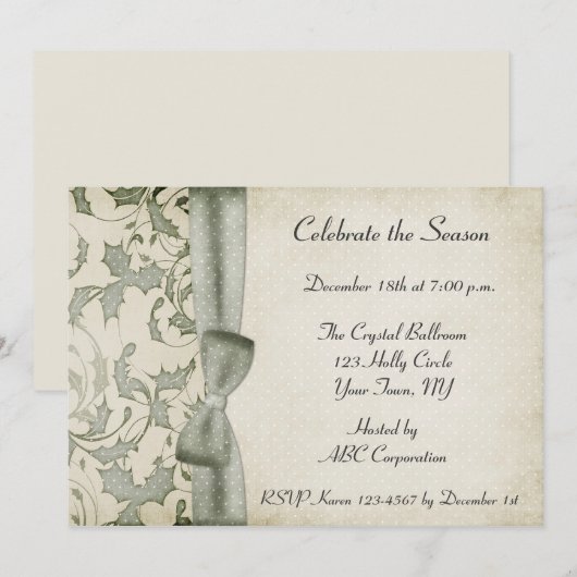 Holly Swirls Bow Sage Green Invitation Kaart (Voorkant / Achterkant)