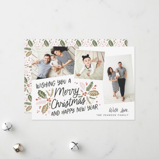  Holly Tilted Snapshot 3-foto met Kerstmis Feestdagenkaart (Voorkant / Achterkant in situ)