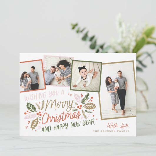  Holly Tilted Snapshot 4 Multi-Photo Feestdagenkaart (Staand voorkant)