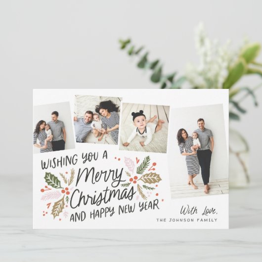 Holly Tilted Snapshot 4 Multi-Photo Feestdagenkaart (Staand voorkant)