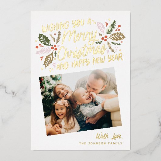  Holly Tilted Snapshot met kerstmis Gold Folie Feestdagenkaart (Voorkant)