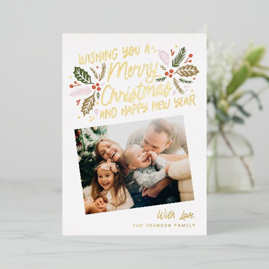 Holly Tilted Snapshot met kerstmis Gold Folie Feestdagenkaart (Staand Voorkant)