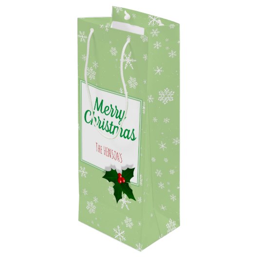 Holly Tree Berry Green Snowflakes Custom Kerstmis Wijn Cadeautas (Achterkant Gekanteld)