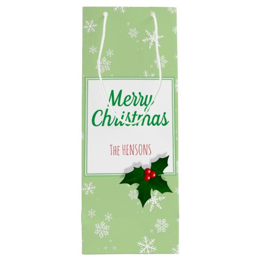 Holly Tree Berry Green Snowflakes Custom Kerstmis Wijn Cadeautas (Achterkant)