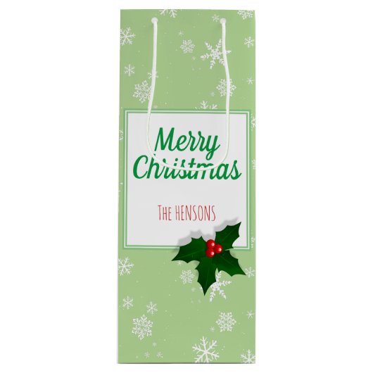 Holly Tree Berry Green Snowflakes Custom Kerstmis Wijn Cadeautas (Voorkant)