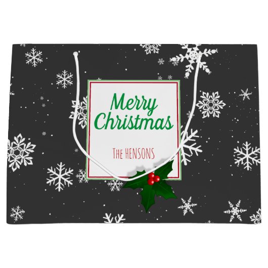 Holly Tree Berry Grey Snowflakes Aangepast kerstfe Groot Cadeauzakje (Voorkant)