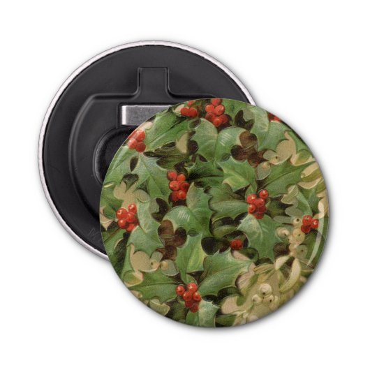 Holly Tree Kerstvakantie Vintage Button Flesopener (Voorkant)