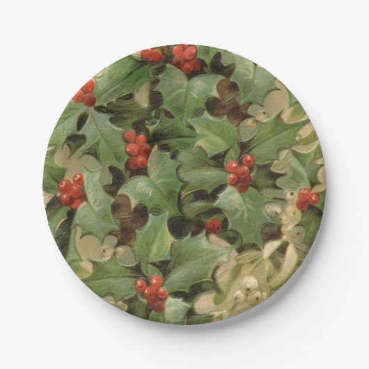 Holly Tree Kerstvakantie Vintage Papieren Bordje (Voorkant)