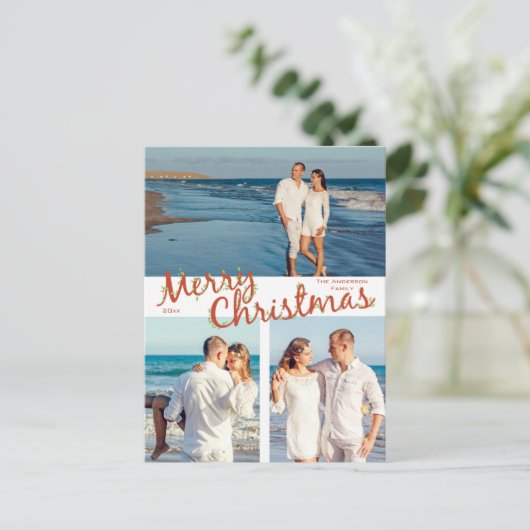 Holly Trimmed Merry Christmas 3 Foto Vakantie Briefkaart (Staand voorkant)