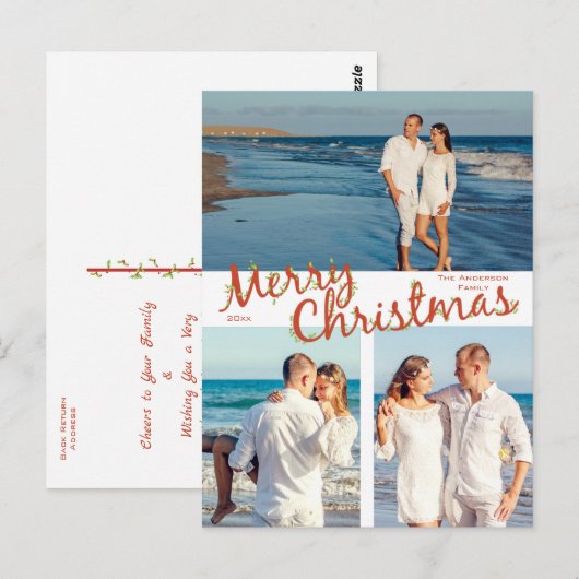 Holly Trimmed Merry Christmas 3 Foto Vakantie Briefkaart (Voorkant / Achterkant)