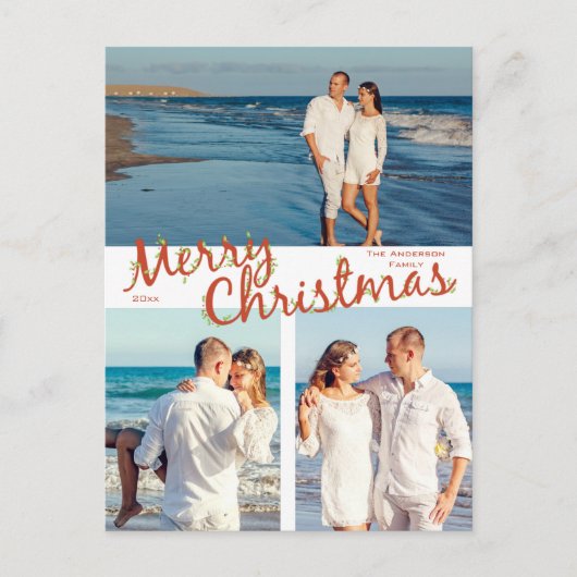 Holly Trimmed Merry Christmas 3 Foto Vakantie Briefkaart (Voorkant)