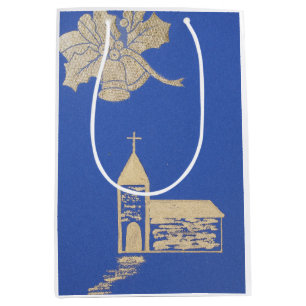 Holly twig en klokken, kerstkerk op blauw medium cadeauzakje