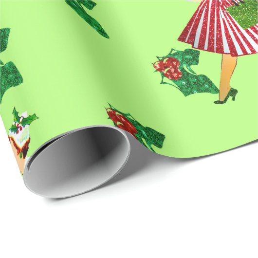 holly vintage kerstdame cadeaupapier (Rol Hoek)