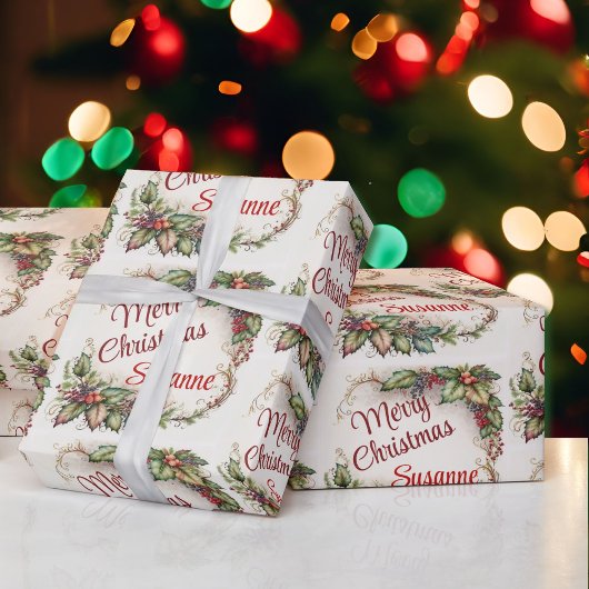  Holly Voeg de naam van de ontvanger Kerstmis toe Cadeaupapier