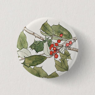 Holly-watercolor schilderij, Hannah Borger Overbec Ronde Button 3,2 Cm