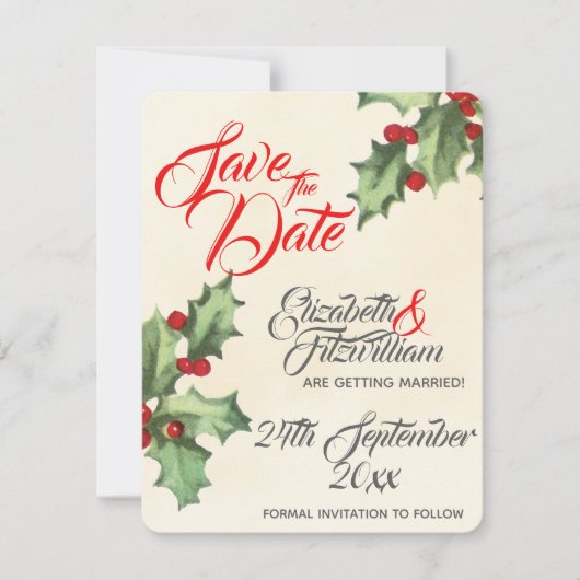  Holly Wedding Save the Date Kaart (Voorkant)
