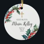 Holly Winter Floral Personalized Girl Baptism Keramisch Ornament<br><div class="desc">Holly Winter Floral Personalized Girl Baptism Ornament</div>