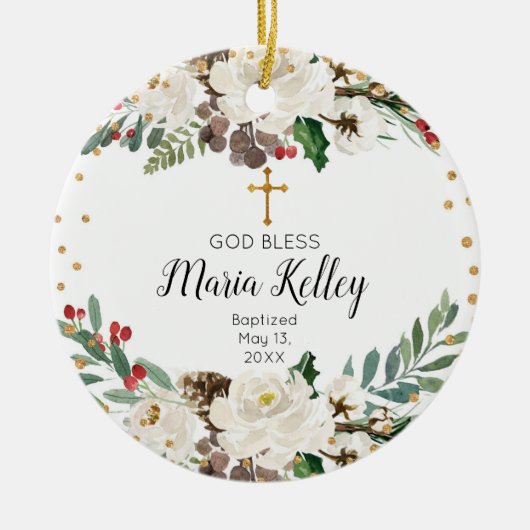 Holly Winter Floral Personalized Girl Baptism Keramisch Ornament (Voorkant)