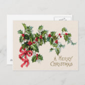 Holly Winterberry Red Ribbon Briefkaart (Voorkant / Achterkant)