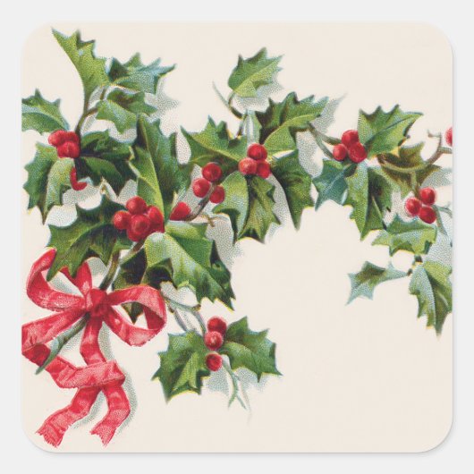 Holly Winterberry Red Ribbon Vierkante Sticker (Voorkant)