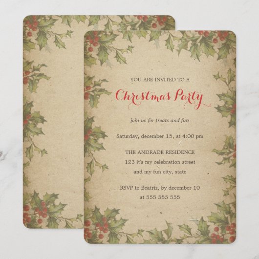  Holly Wreatborder Rustic kerstparty  Kaart (Voorkant / Achterkant)