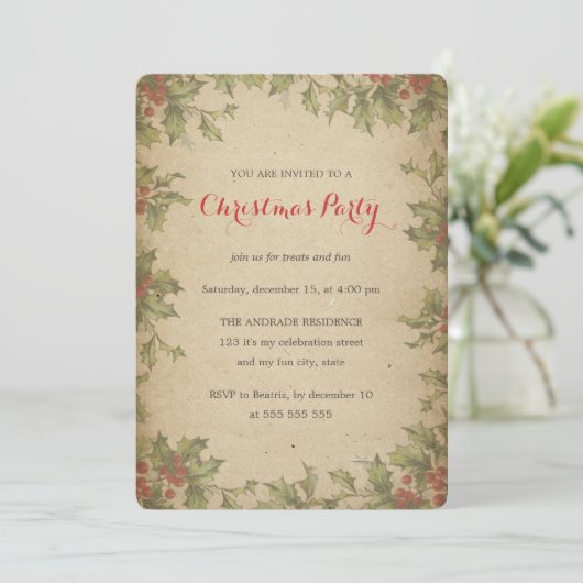  Holly Wreatborder Rustic kerstparty  Kaart (Staand voorkant)