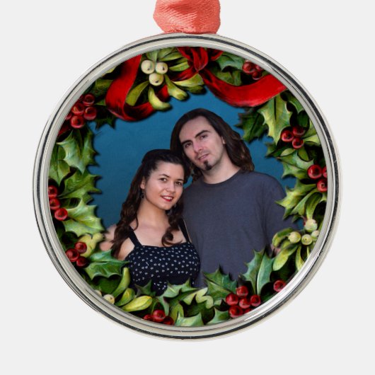 Holly WreatCustom Photo Persoonlijke Kerstmis Metalen Ornament (Voorkant)