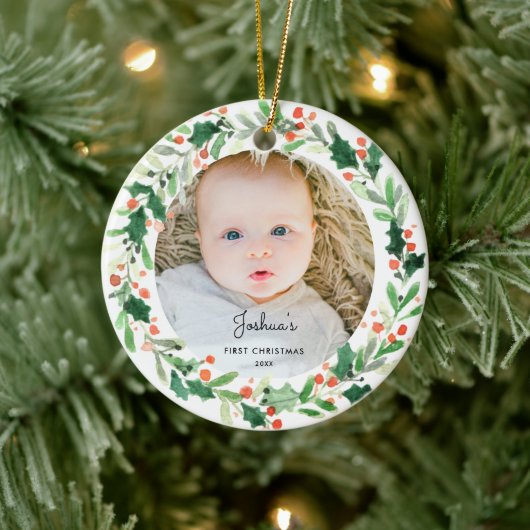 Holly Wreate Baby 1st kerstfoto Ornament (Boom)