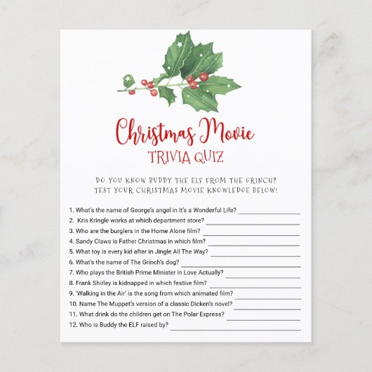 Holly Wreate Kerstfilm TRIVIA QUIZ Game Card Flyer (Voorkant)