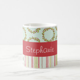 Holly Wreath and Stripes Personalized Coffee Mok