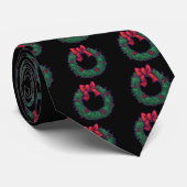 Holly Wreath Art Patterned Black Stropdas (Opgerold)