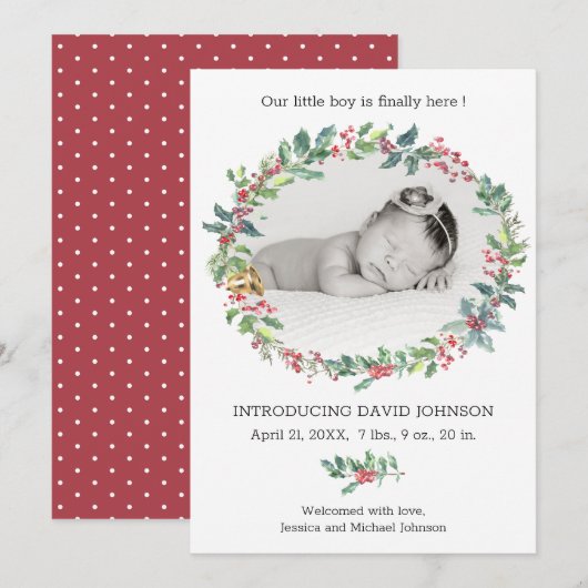 Holly Wreath Baby Boy Vakantie Geboorteaankondigin Kaart (Voorkant / Achterkant)