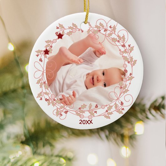 Holly Wreath - Baby Meisje Eerste Kerstmis Foto Keramisch Ornament