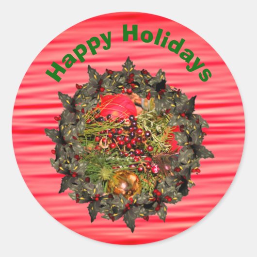 Holly Wreath Berries Kerstfeestdag Ronde Sticker (Voorkant)