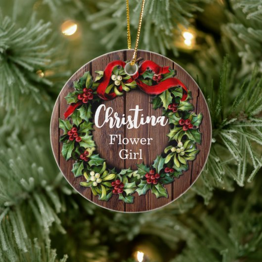 Holly Wreath Bloemenmeisje Custom Wedding Party Keramisch Ornament (Boom)
