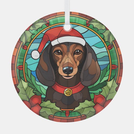 Holly Wreath Brown Dachshund Kerstmis Glas Ornament (Voorkant)