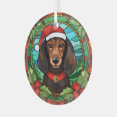 Holly Wreath Brown Dachshund Kerstmis Glas Ornament (Voorkant links)