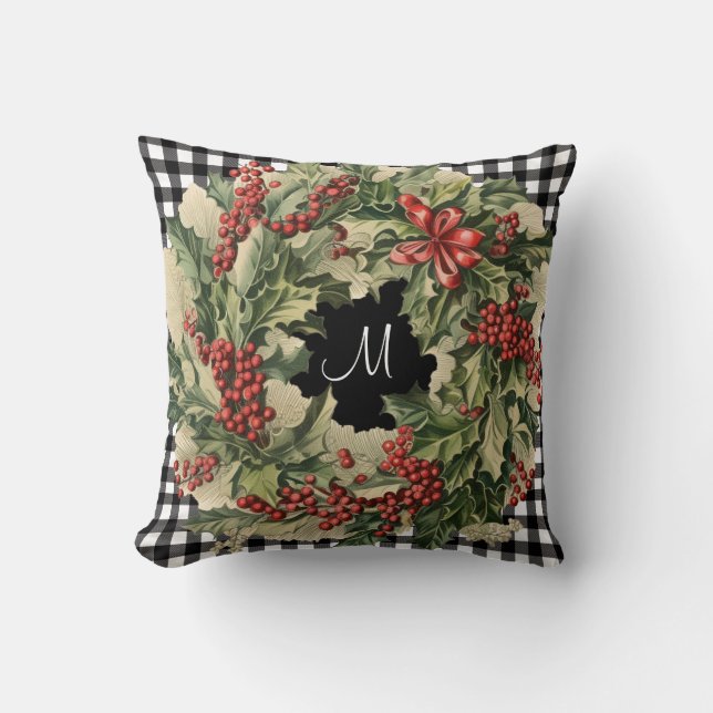 Holly Wreath buffalo plaid aangepaste familienaam Kussen (Voorkant)