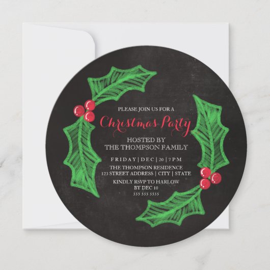 Holly Wreath Chalkboard Kerstparty Kaart (Voorkant)