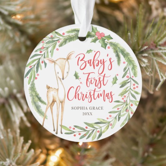 Holly Wreath Deer Baby's eerste kerstfoto Ornament (Boom)