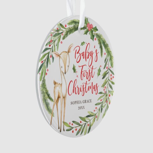 Holly Wreath Deer Baby's eerste kerstfoto Ornament (voorkant)