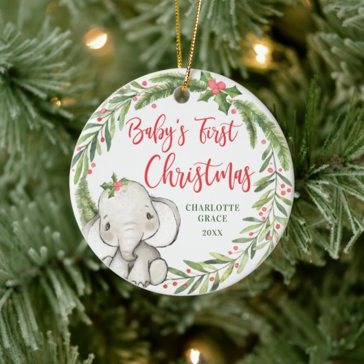 Holly Wreath Elephant Baby's eerste kerstfoto Keramisch Ornament (Boom)