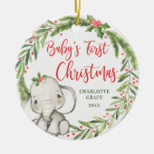 Holly Wreath Elephant Baby's eerste kerstfoto Keramisch Ornament (Voorkant)